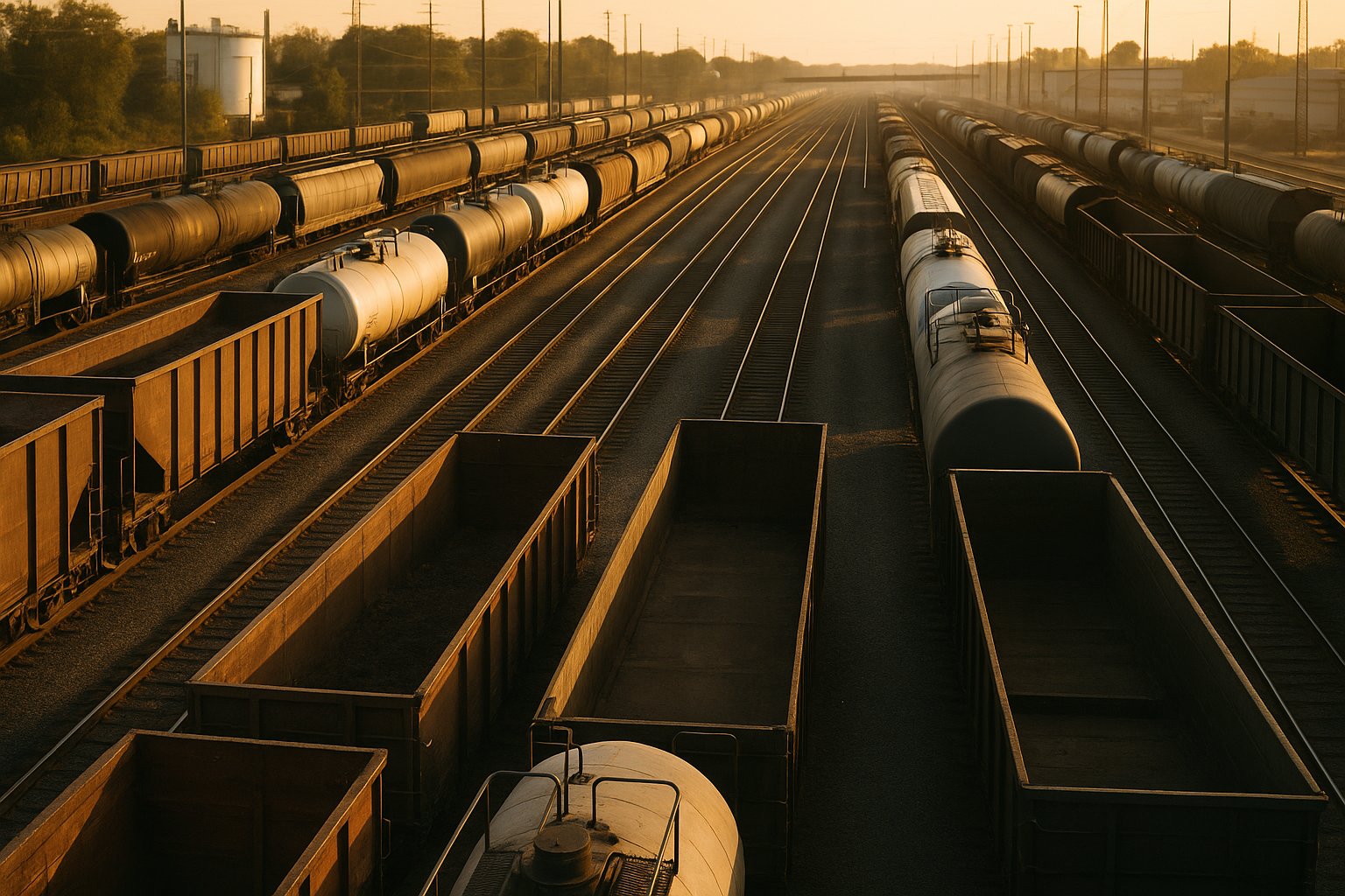 Railcars staged in a rail yard awaiting movement