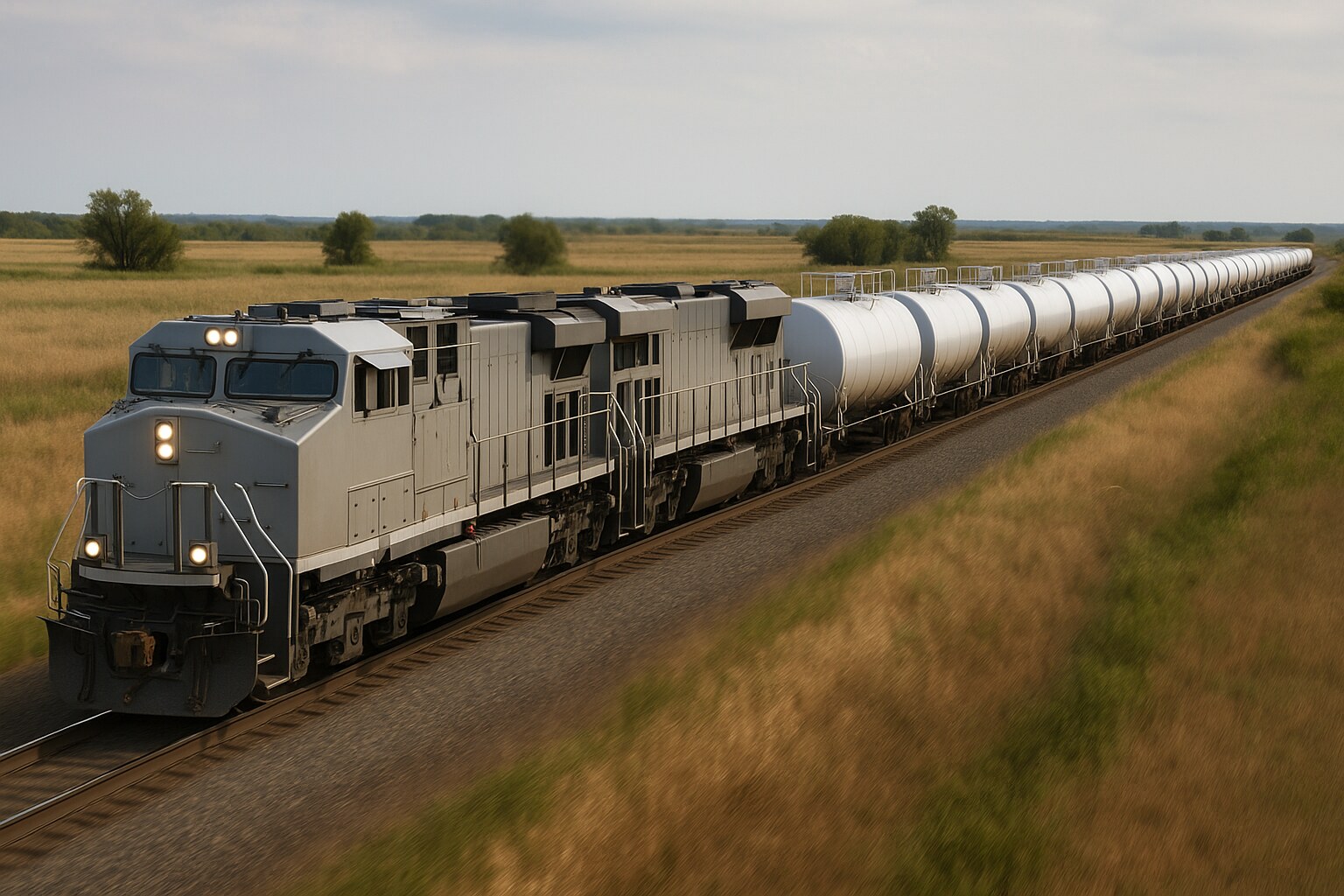Private-fleet tank-car unit train moving on mainline track