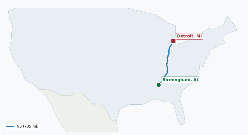 Map of rail route from Birmingham, AL to Detroit, MI showing AA → CPRS → CSAO → CSXT → NS