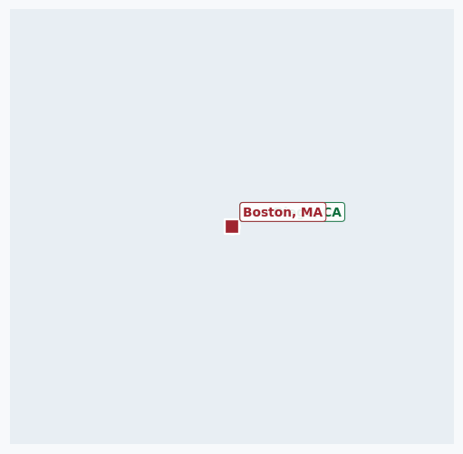 Map of rail route from San Diego, CA to Boston, MA showing BJRR → BNSF → CPRS → CSXT → KCTL → MBTA → MTS → NS → PAS → PW → SB → SDNR → SW → UP