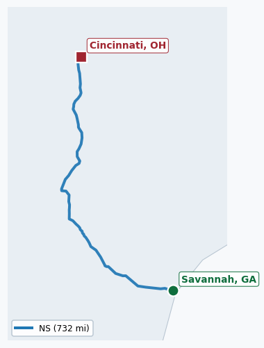 Map of rail route from Savannah, GA to Cincinnati, OH showing CSXT → NS