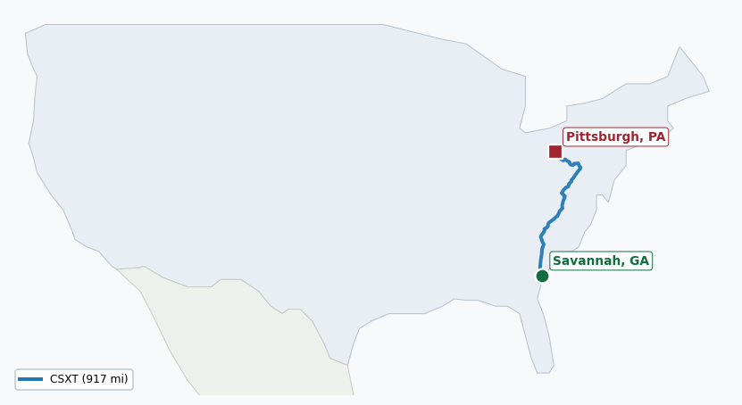 Map of rail route from Savannah, GA to Pittsburgh, PA showing CSXT → NS