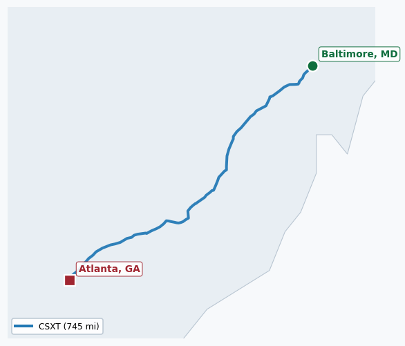 Map of rail route from Baltimore, MD to Atlanta, GA showing AMTK → CSXT