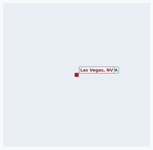 Map of rail route from Philadelphia, PA to Las Vegas, NV showing AMTK → BNSF → BRC → CSXT → IHB → NS → RJCL → SCIH → SEPA → UP