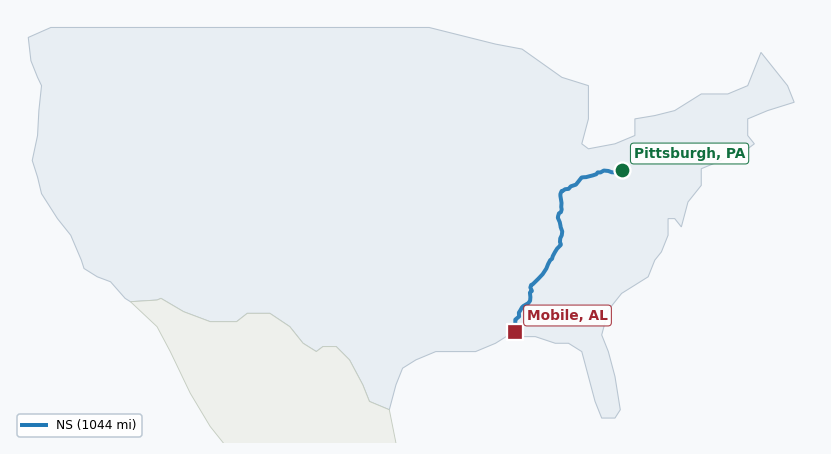 Map of rail route from Pittsburgh, PA to Mobile, AL showing AGR → CSXT → CUOH → IORY → NS → POHC → TASD → WE
