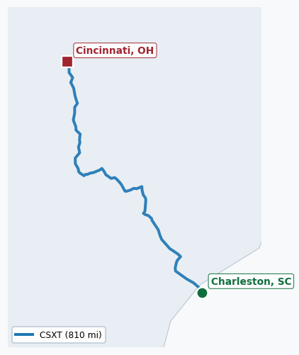 Map of rail route from Charleston, SC to Cincinnati, OH showing CSXT → PR → TTIS
