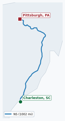 Map of rail route from Charleston, SC to Pittsburgh, PA showing CSXT → NS → PR