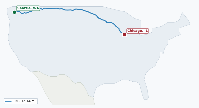 Map of rail route from Seattle, WA to Chicago, IL showing BNSF → CPRS → MNNR